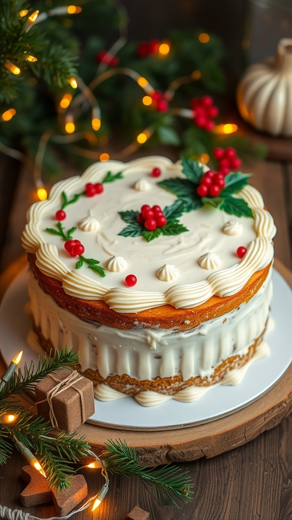 A festive Christmas cake with marzipan decoration, surrounded by holiday decor.